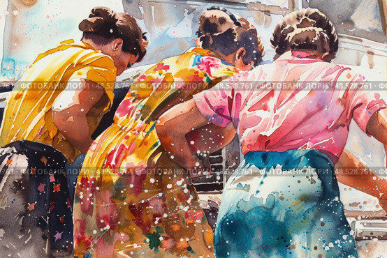 Watercolor painting depicting a group of women walking along a busy city street, showcasing various ages, styles, and activities. Стоковое AI-изображение, AI-художник Данила Большаков / Фотобанк Лори