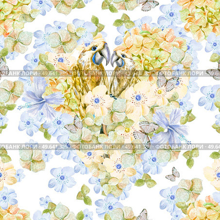 Watercolor pattern with flowers hydrangeas and parrots. Illustration. Watercolor pattern with flowers hydrangeas and parrots. . Стоковое фото, агентство Ingram Publishing / Фотобанк Лори