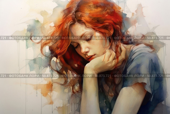 Watercolor portrait of a girl with red hair, bent over in thought. Her eyes are closed, her face is calm, her pose conveys silence and inner concentration. A warm palette is combined with soft streaks of watercolor, creating an atmosphere of dreaminess and vulnerable beauty. Ideal for decorating books, posters, articles about feelings, loneliness, inner world and femininity. Стоковое AI-изображение, AI-художник Анна Кривицкая / Фотобанк Лори