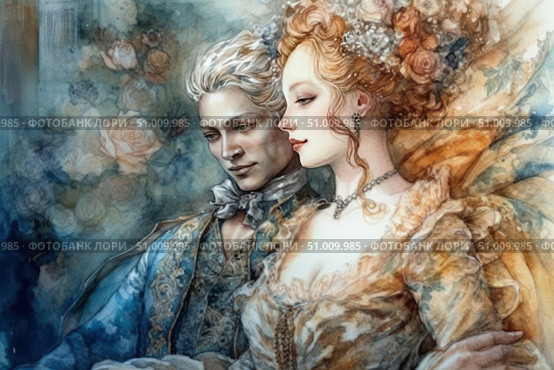 Watercolor portrait of an elegant couple in historical costumes of the 18th century. A man in a blue waistcoat and a woman with a lush hairstyle and jewelry are depicted in a romantic and tender atmosphere. The illustration conveys the spirit of the Baroque and Rococo eras, sensuality, sophistication and palace chic. Ideal for book covers, romantic postcards, historical publications and designs with a retro accent. Стоковое AI-изображение, AI-художник Анна Кривицкая / Фотобанк Лори