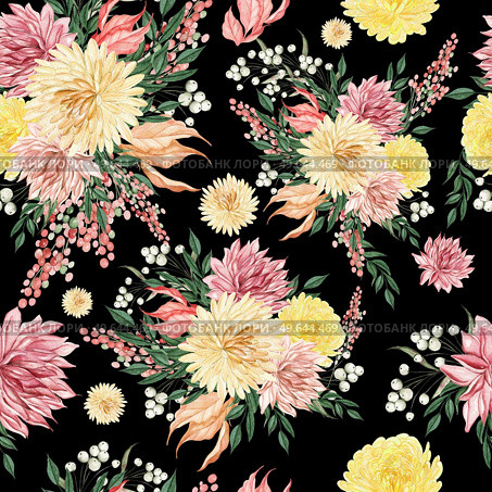 Watercolor seamless pattern with autumn flowers chrysanthemums, berries and leaves. Illustration. Watercolor seamless pattern with autumn flowers chrysanthemums, berries and leaves. . Стоковое фото, агентство Ingram Publishing / Фотобанк Лори