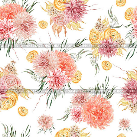 Watercolor seamless pattern with autumn flowers chrysanthemums, ranunculus, berries and leaves. Illustration. Watercolor seamless pattern with autumn flowers chrysanthemums, ranunculus, berries and leaves. . Стоковое фото, агентство Ingram Publishing / Фотобанк Лори