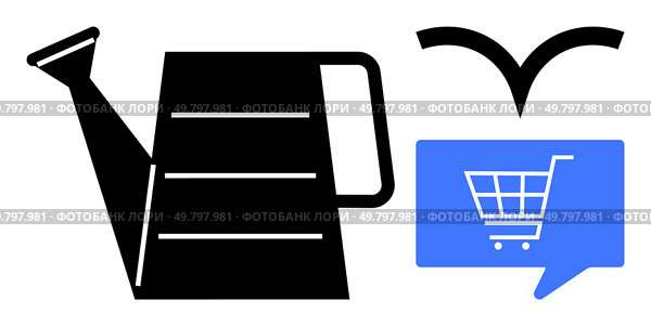 Watering can, shopping cart in chat bubble, and bird silhouette. Ideal for themes like gardening, online shopping, communication, avian life, growth, consumer behavior, sustainability. Line metaphor. Watering Can, Shopping Cart Chat Bubble, and Bird Triple Symbol Concept in Black and Blue. Стоковая иллюстрация, агентство Ingram Publishing / Фотобанк Лори
