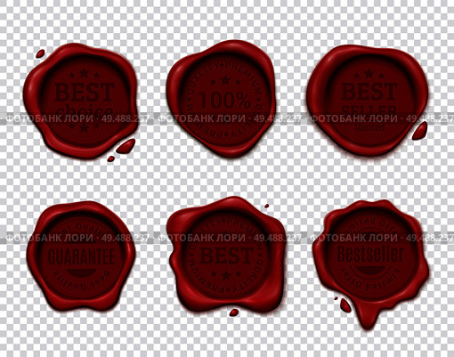 Wax stamp product ad set with six isolated wafers on transparent background with silhouette text emblems vector illustration. Стоковая иллюстрация, агентство Ingram Publishing / Фотобанк Лори