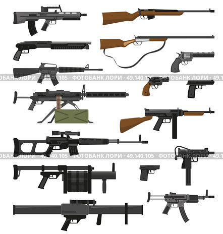 Weapons Guns Set. Big flat set of various weapons guns pistols and rifles isolated on white background vector illustration. Стоковая иллюстрация, агентство Ingram Publishing / Фотобанк Лори