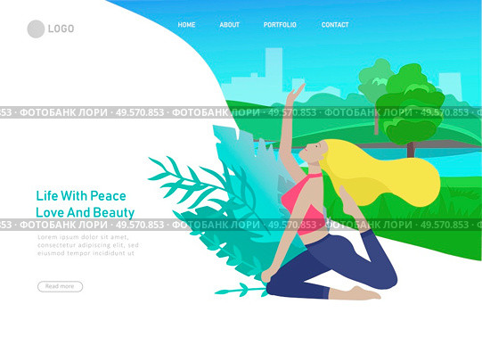 Web page design template with woman meditate, sitting in yoga posture at home and at outdoor. Practice yoga lesson on nature. Mental health concept. Vector illustration cartoon. Web page design template with Man and woman meditate, sitting in yoga posture at home and at outdoor. Practice yoga lesson on nature. Mental health concept. Vector. Стоковая иллюстрация, агентство Ingram Publishing / Фотобанк Лори