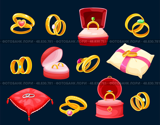 Wedding and marriage rings, golden jewelry set. Стоковая иллюстрация, иллюстратор Александрина / Фотобанк Лори
