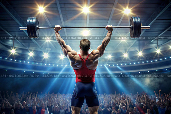 Weightlifting competitions. The athlete takes a lot of weight of the barbell. The sport of the Summer Olympic Games. Стоковое AI-изображение, AI-художник Photojuli / Фотобанк Лори