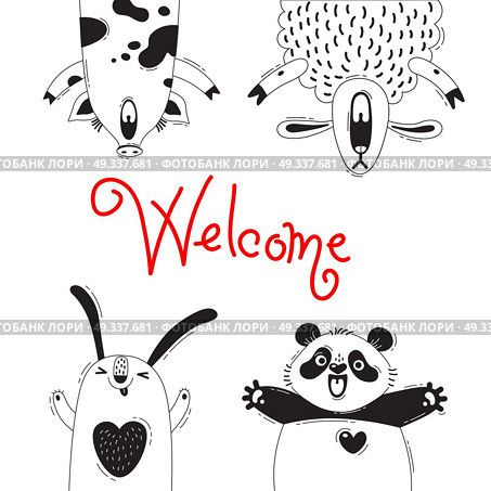 Welcome Card with Funny Animals Pig Sheep Panda Rabbit.. Welcome Card with Funny Animals Pig Sheep Panda Rabbit. Vector illustration. Стоковая иллюстрация, агентство Ingram Publishing / Фотобанк Лори