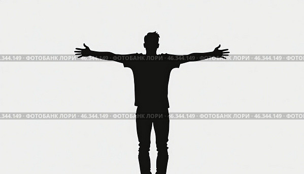 Welcoming Human Silhouette with Extended Arms Against Light Background. Стоковое AI-изображение, AI-художник Елена Высокова / Фотобанк Лори