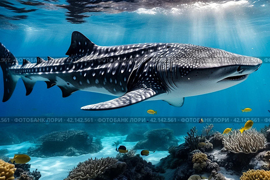 Whale shark (Rhincodon typus) mammal swimming in tropical underwaters rear view. Shark in underwater wild animal world. Observation of wildlife ocean. Scuba diving adventure in Ecuador coast. Стоковое AI-изображение, AI-художник Aleksandr Golubev / Фотобанк Лори