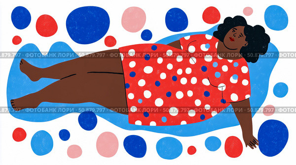Whimsical summer daydream: Woman resting in a polka-dot dress amidst floating orbs, a breezy day of relaxation. Стоковое AI-изображение, AI-художник Данила Большаков / Фотобанк Лори