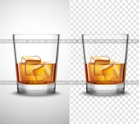 Whisky Shots Glassware Realistic Transparent Banners . Scotch whisky glasses set with alcohol and ice cubes 2 realistic  banners with transparent background isolated vector illustration . Стоковая иллюстрация, агентство Ingram Publishing / Фотобанк Лори