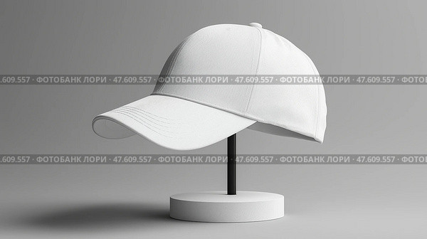 White baseball cap mockup displayed on a sleek stand against a neutral background. Белая бейсболка на изящной подставке на нейтральном фоне. Стоковое AI-изображение, AI-художник Katsiaryna Repich / Фотобанк Лори