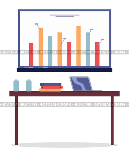 White board with analytical data, colorful bar chart, numerical notes, brown office desk, laptop, document folders. Business presentation. Annual report. Flat vector illustration isolated on white. Desktop with laptop, folders, white presentation board with analytic data, bar chart. Flat image. Стоковая иллюстрация, агентство Ingram Publishing / Фотобанк Лори