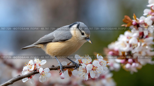 White breasted nuthatch perching on blooming branch in spring. Стоковое AI-изображение, AI-художник Юрий Поздников / Фотобанк Лори