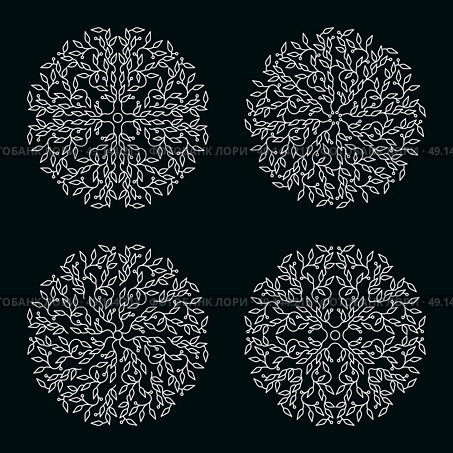 White color logo design, isolated templates on black background. Circle made emblems with leaves. Spa concept monograms in linear style. Vector decoration for fashion, cosmetics, beauty industry.. Abstract white color logo design, isolated templates on black background. Circle made emblems with leaves. Spa concept monograms in linear style. Vector decoration for fashion, cosmetics, beauty industry. Стоковая иллюстрация, агентство Ingram Publishing / Фотобанк Лори