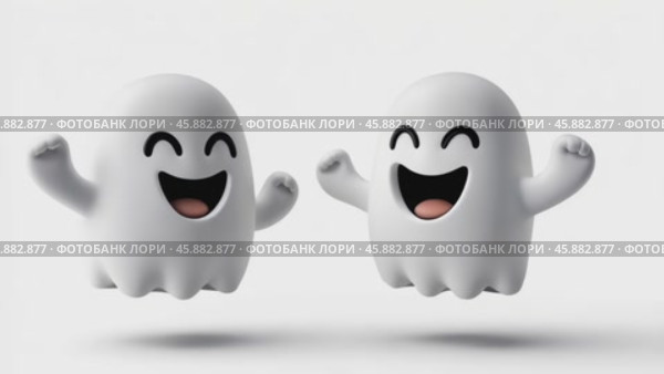 White Cute Ghost Featuring Happy and Cheerful Faces Expression. Bright Playful Ghosts are Perfect for Creating Fun and Whimsical Design Concepts. Smiling Friendly Halloween Characters. 3d cartoon. Стоковое AI-видео, аниматор Марина Демидюк / Фотобанк Лори