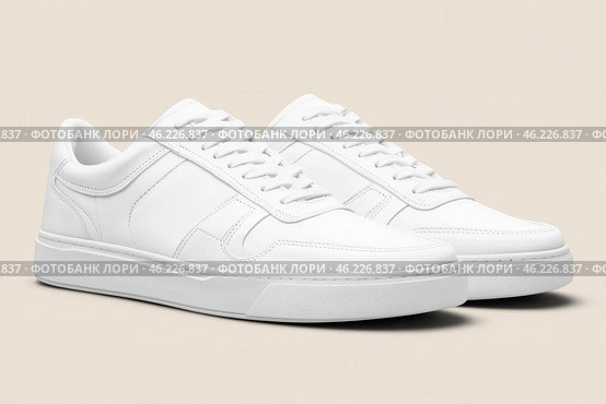 White leather lace-up running shoes with low tops, thick soles on a beige. The laces and rubber outsole. Sporty look. Men to wear during outdoor activities. Street hiking shoes. Trendy Male Boots Pair. Стоковое AI-изображение, AI-художник Марина Демидюк / Фотобанк Лори