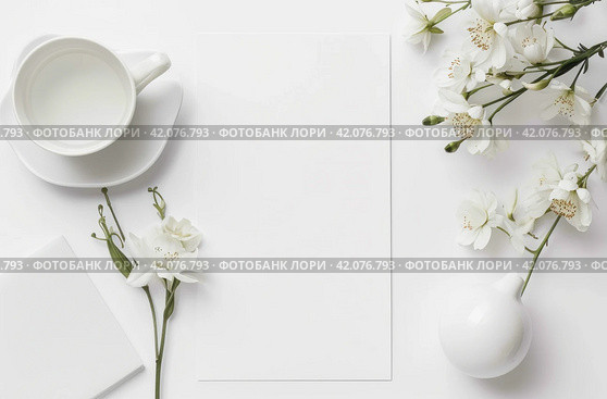 white paper template and pictures of white apsara flowers on a white table. Стоковое AI-изображение, AI-художник Юлия Гапеенко / Фотобанк Лори