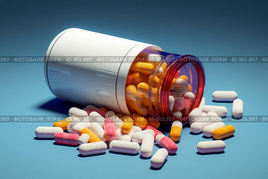 White plastic medicine bottle spilling colorful pills on blue background. Стоковое AI-изображение, AI-художник Иван Рябоконь / Фотобанк Лори