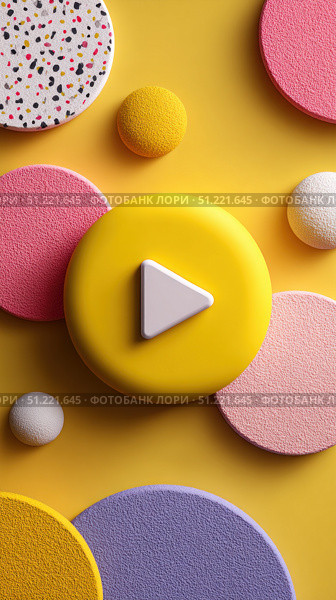 White play symbol centered in yellow circle, surrounded by multicolored spheres representing dynamic media design with vibrant visual energy. Стоковое AI-изображение, AI-художник Юрий Поздников / Фотобанк Лори