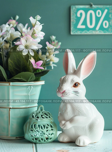 White porcelain bunny with an openwork box in flower shop. Blue solid background. Vertical layout for 20% sales. Стоковое AI-изображение, AI-художник Катерина Ковалева / Фотобанк Лори