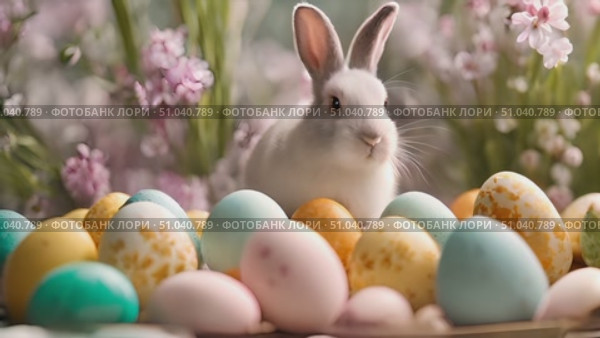 White rabbit is seen sitting in front of a pile of eggs. Стоковое видео, видеограф Данила Большаков / Фотобанк Лори