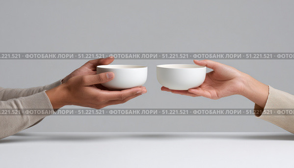 White table hosting two people swapping identical empty bowls, symbolizing sharing and minimalist exchange of interpersonal connection. Стоковое AI-изображение, AI-художник Юрий Поздников / Фотобанк Лори