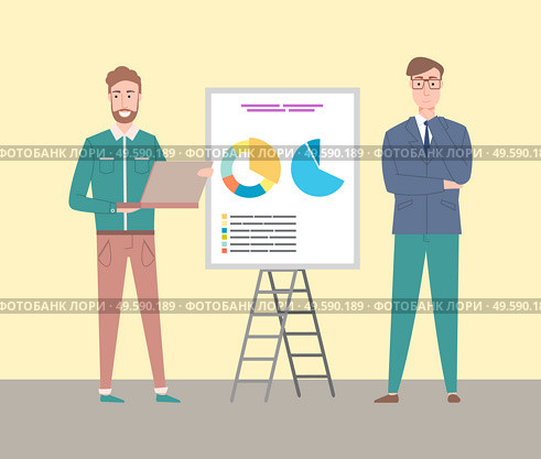 Whiteboard with pie diagram and scheme vector, people proud to present business data, male with laptop and structured information, business concept. Bussinesman with Presentation, Whiteboard Scheme. Стоковая иллюстрация, агентство Ingram Publishing / Фотобанк Лори