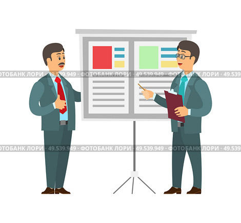 Whiteboard with text and data vector. Man giving presentation on seminar, boss listening to orator and adding remarks. People working in business field. Boss Giving Presentation, Workers by whiteboard. Стоковая иллюстрация, агентство Ingram Publishing / Фотобанк Лори