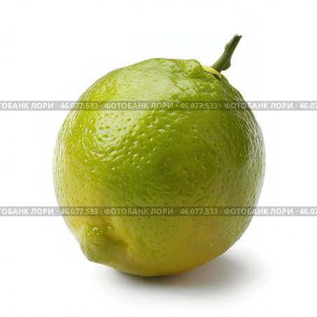 Whole green lime showing rind and stem on white background. Стоковое AI-изображение, AI-художник Иван Рябоконь / Фотобанк Лори