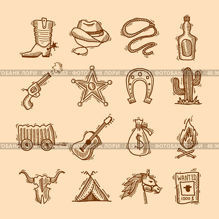 Wild west cowboy hand drawn set with saddle sheriff badge horseshoe isolated vector illustration. Стоковая иллюстрация, агентство Ingram Publishing / Фотобанк Лори