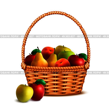 Willow wicker basket one handle full with ripe fresh farmer market fruits closeup realistic image vector illustration. Стоковая иллюстрация, агентство Ingram Publishing / Фотобанк Лори