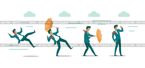 Wind Levels. Windless Breeze Strong Wind Hurricane. Wind strength levels. Windless breeze strong wind hurricane. Set of banners with wind levels. Man in different states during wind blowing. Natural disaster. Changeable weather. Vector illustration. Стоковая иллюстрация, агентство Ingram Publishing / Фотобанк Лори