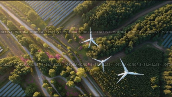 Wind turbines and solar panels working together in a sustainable energy landscape. Стоковое AI-видео, аниматор Сергей Толмачёв / Фотобанк Лори