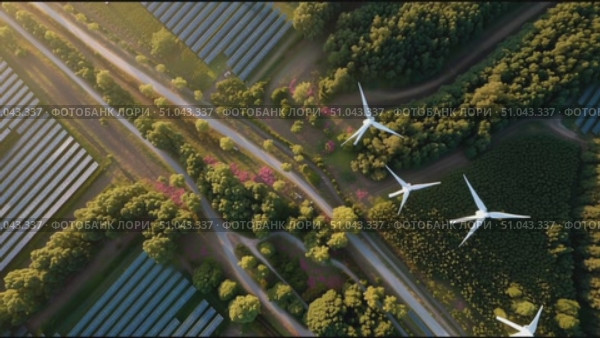 Wind turbines turn above green fields and solar panels in a sustainable energy landscape. Стоковое AI-видео, аниматор Сергей Толмачёв / Фотобанк Лори