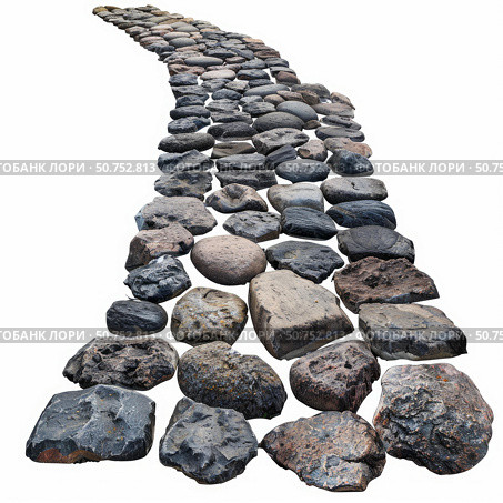 Winding path of irregular stones leading into the distance on white background. Стоковое AI-изображение, AI-художник Иван Рябоконь / Фотобанк Лори