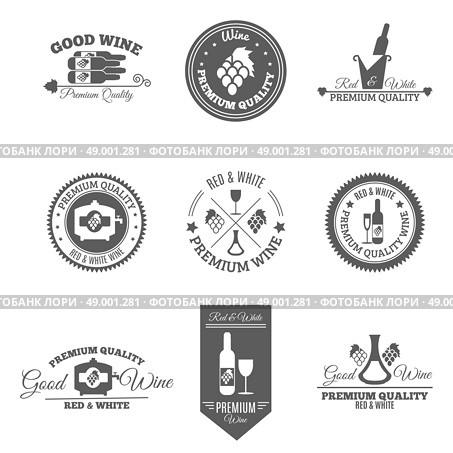 Wine Flat Labels Set. Wine premium and good quality text flat black emblems and labels set isolated vector illustration. Стоковая иллюстрация, агентство Ingram Publishing / Фотобанк Лори