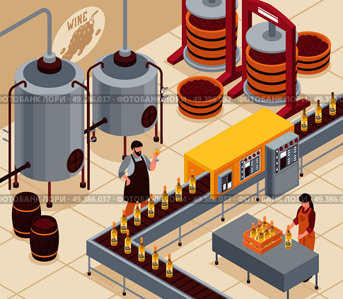 Wine manufacturing with pressing of grapes bottling conveyor and aging of drink in barrels isometric vector illustration. Wine Manufacturing Isometric Illustration. Стоковая иллюстрация, агентство Ingram Publishing / Фотобанк Лори