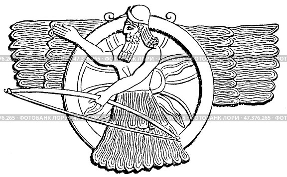 Winged Sun Disk with Deity (from an Assyrian Relief). Ancient Oriental art. Publication of the "Meyers encyclopedia", Vol. 7, Leipzig, Germany, 1910. Стоковое фото, фотограф Sergey Kohl / Фотобанк Лори
