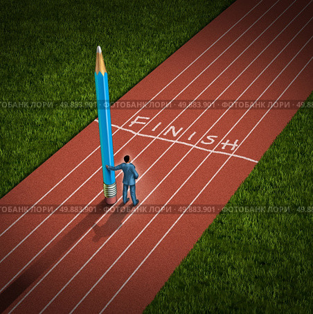 Winning strategy and creative thinking business concept as a successful  businessman holding a giant pencil who has drawn a finish line on a running track as a symbol of innovation and being an outside the box thinker to achieve victory. Стоковое фото, агентство Ingram Publishing / Фотобанк Лори