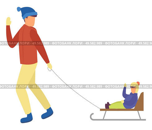 Winter characters, father and son sitting on sleds. Isolated dad and kid wearing warm clothes. Personages spending time outdoors. Sledding child and adult man caring for kiddo. Vector in flat. Dad and Kid on Sleds, Winter Character Isolated. Стоковая иллюстрация, агентство Ingram Publishing / Фотобанк Лори