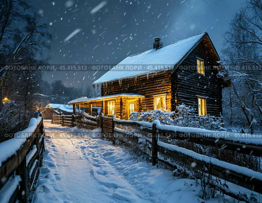 Winter evening in the village, village street, landscape. Стоковое AI-изображение, AI-художник Сергей Елизарьев / Фотобанк Лори