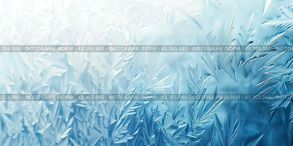 Winter frost patterns on glass. Ice crystals. Abstract light blank cold winter background or wallpaper. Frost patterns on frozen window. Frosted glass. Freezing effect. Frostwork. Harsh season. Cold. Стоковое AI-изображение, AI-художник Марина Демидюк / Фотобанк Лори