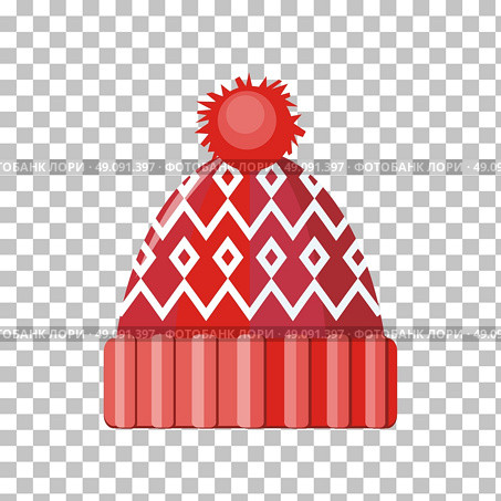 Winter Hat Isolated. Winter red wool hat icon. Knitted winter woolen cap isolated on checkered background. Flat icon winter snowboard hat cap. Vector illustration. Стоковая иллюстрация, агентство Ingram Publishing / Фотобанк Лори