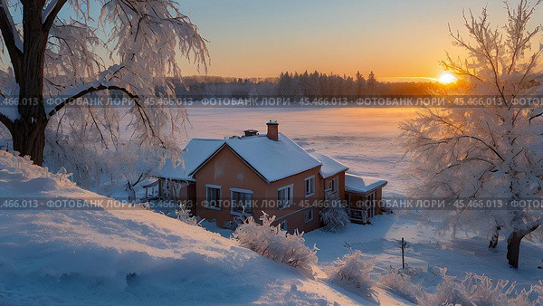 Winter landscape. A rustic house in the snowdrifts. Trees in the snow and frost. An atmosphere of peace and harmony with nature. Rural life. Стоковое AI-изображение, AI-художник Photojuli / Фотобанк Лори