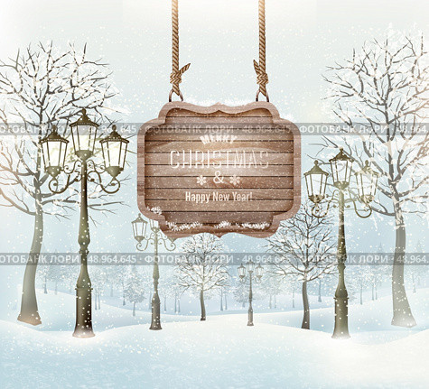 Winter landscape with lampposts and a wooden ornate Merry christmas sign. Vector. Стоковая иллюстрация, агентство Ingram Publishing / Фотобанк Лори