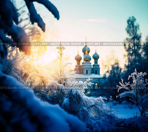 Winter orthodox church against the backdrop of nature. Christmas. Стоковое AI-изображение, AI-художник Павлов Максим / Фотобанк Лори