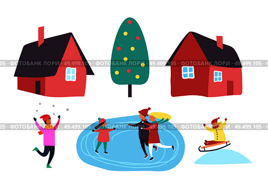 Winter season people outdoor having fun together set vector. Christmas decorated pine tree, houses and family skating on ice. Sledges riding by child. Winter Season People Outdoor Together Set Vector. Стоковая иллюстрация, агентство Ingram Publishing / Фотобанк Лори